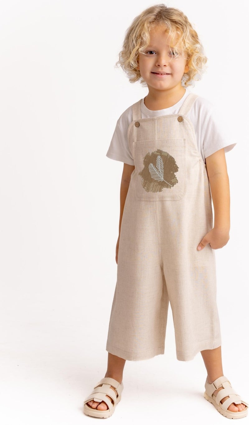 Oliven The Kid Unisex Crochet Embroidered Linen Overalls Natural - Image 1