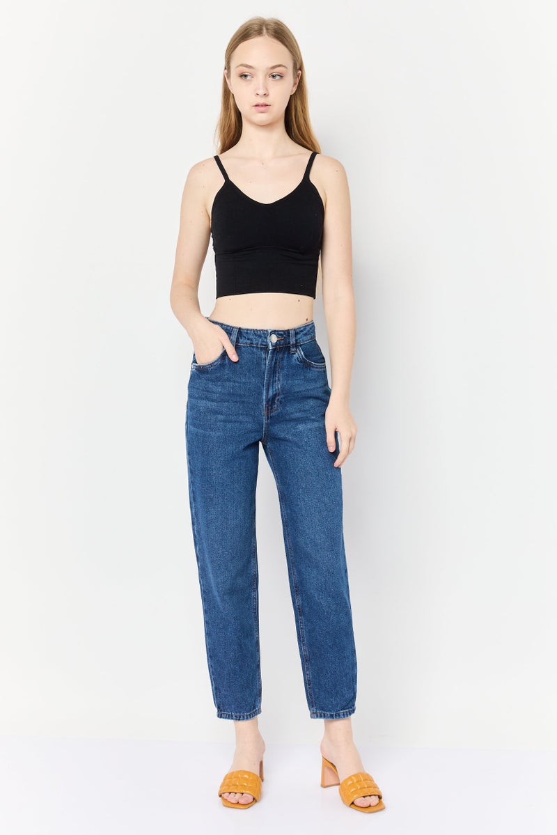 Lefties Women Mom Fit Plain Non Stretchable Jeans, Dark Blue - Image 2