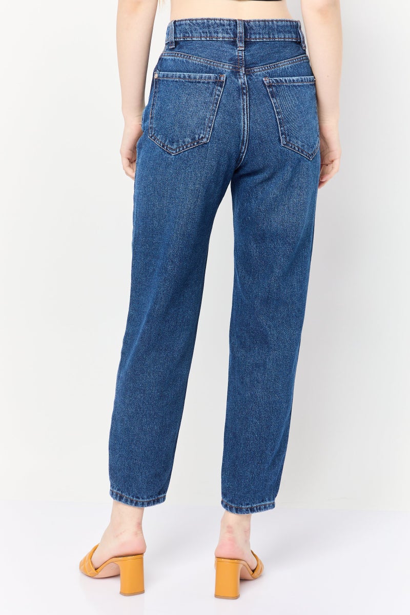 Lefties Women Mom Fit Plain Non Stretchable Jeans, Dark Blue - Image 4