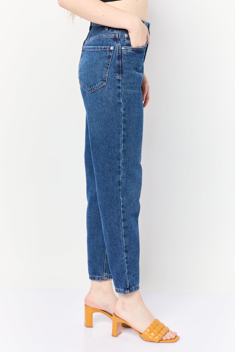 Lefties Women Mom Fit Plain Non Stretchable Jeans, Dark Blue - Image 3