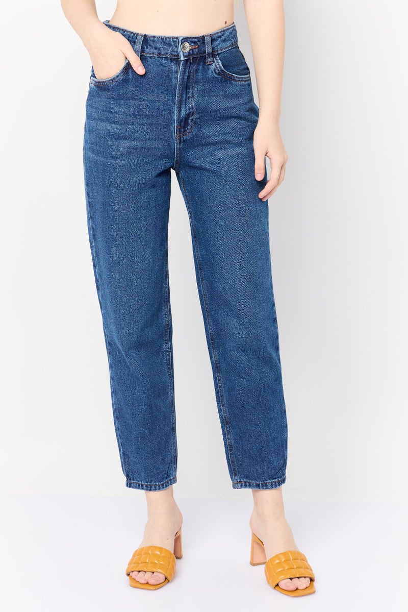 Lefties Women Mom Fit Plain Non Stretchable Jeans, Dark Blue - Image 1