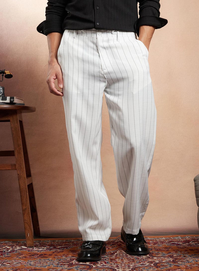 Campus Sutra Campus Sutra Men's Ivory White Pinstriped Straight-Leg Trousers For Casual Wear | Mid-Rise | Straight Fit | Drawstring Closure | Trousers Crafted With Comfort Fit For Everyday Wear  - Image 2