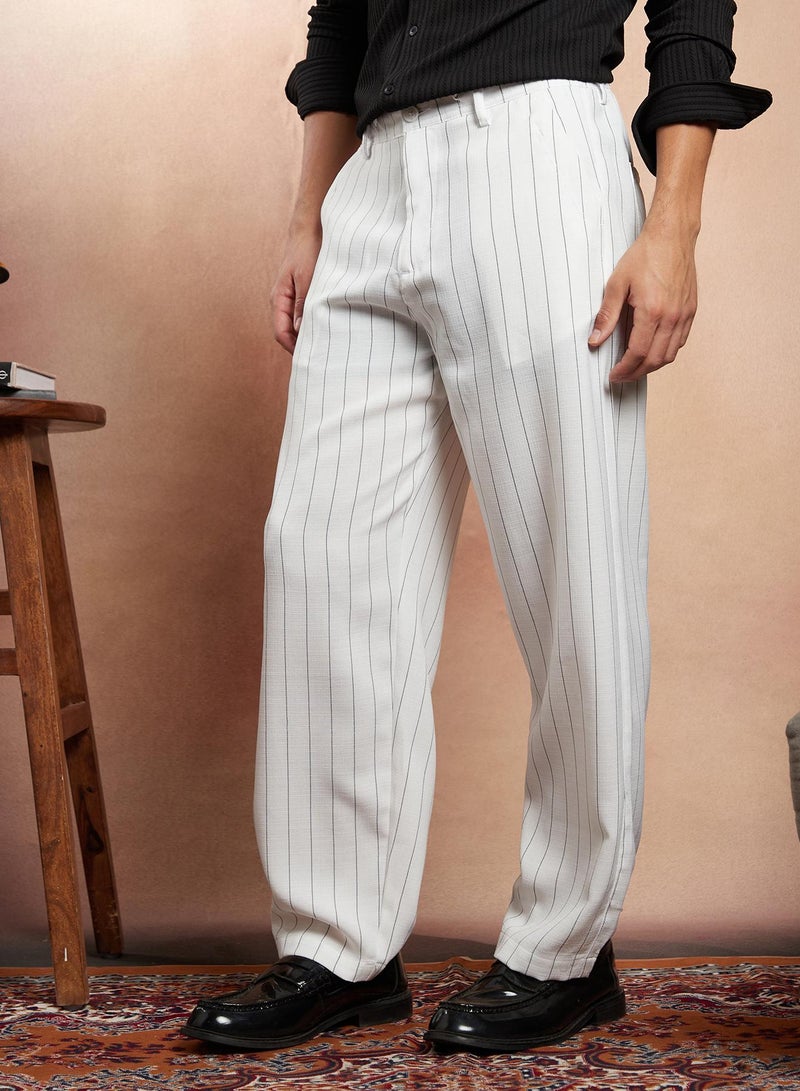 Campus Sutra Campus Sutra Men's Ivory White Pinstriped Straight-Leg Trousers For Casual Wear | Mid-Rise | Straight Fit | Drawstring Closure | Trousers Crafted With Comfort Fit For Everyday Wear  - Image 3