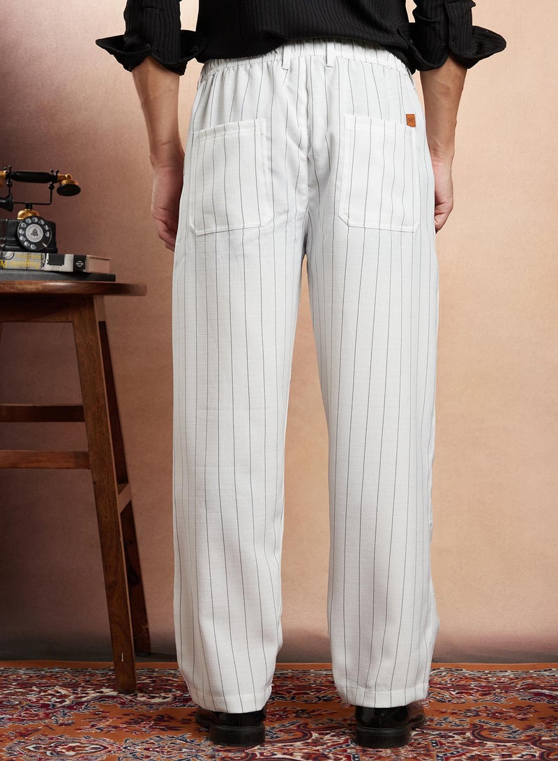 Campus Sutra Campus Sutra Men's Ivory White Pinstriped Straight-Leg Trousers For Casual Wear | Mid-Rise | Straight Fit | Drawstring Closure | Trousers Crafted With Comfort Fit For Everyday Wear  - Image 5