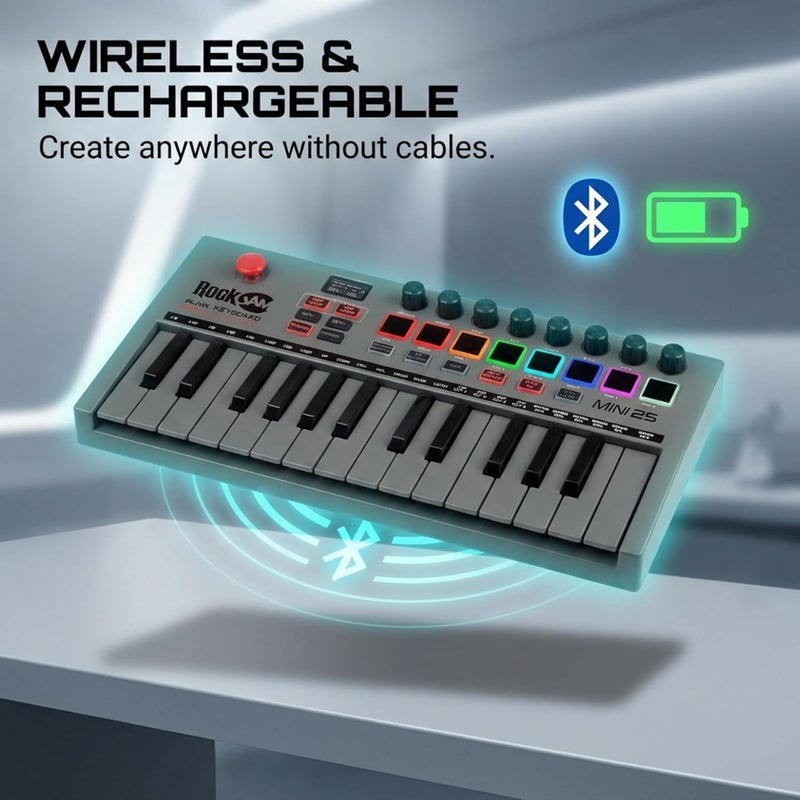 RockJam , Go 25 Key USB and Bluetooth MIDI Keyboard Controller with 8 Backlit Drum Pads, 8 Knobs, One-Size (RJMK25) - Image 2