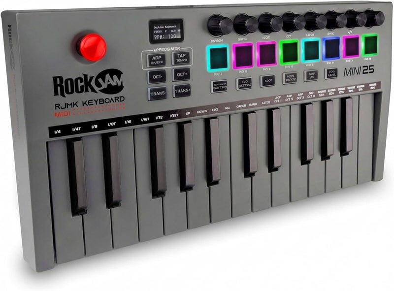 RockJam , Go 25 Key USB and Bluetooth MIDI Keyboard Controller with 8 Backlit Drum Pads, 8 Knobs, One-Size (RJMK25) - Image 1