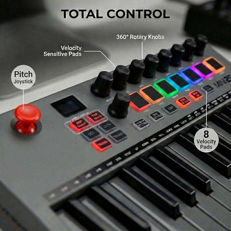 RockJam , Go 25 Key USB and Bluetooth MIDI Keyboard Controller with 8 Backlit Drum Pads, 8 Knobs, One-Size (RJMK25) - Image 3