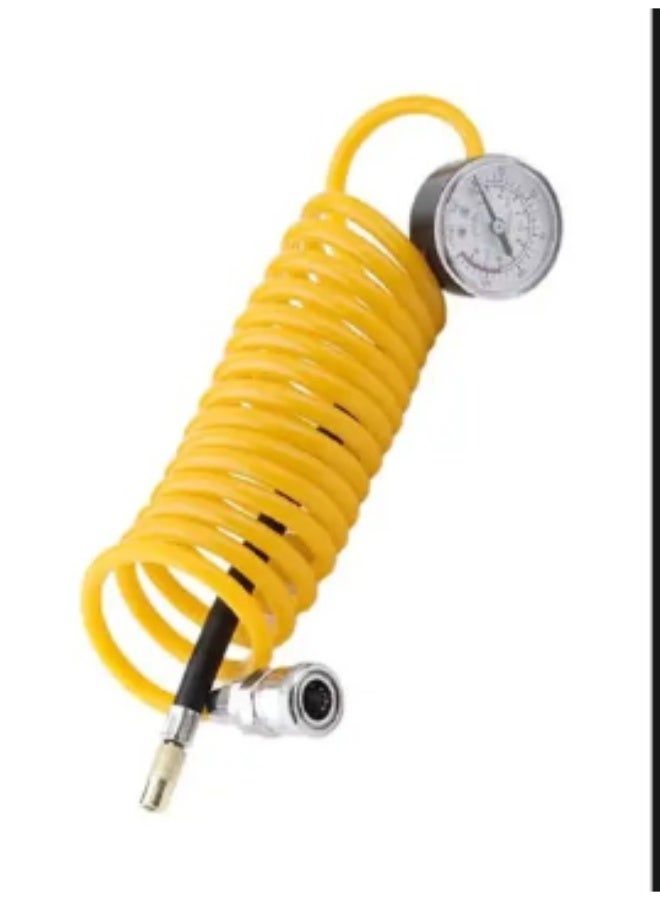 Car Air Compressor Coiled Air Hose with Tire Pressure Gauge, Flexible PU Spiral Air Hose, Quick Connect Inflation Hose for Portable Air Compressors, Tire Inflation, Garage & Workshop Air Tools