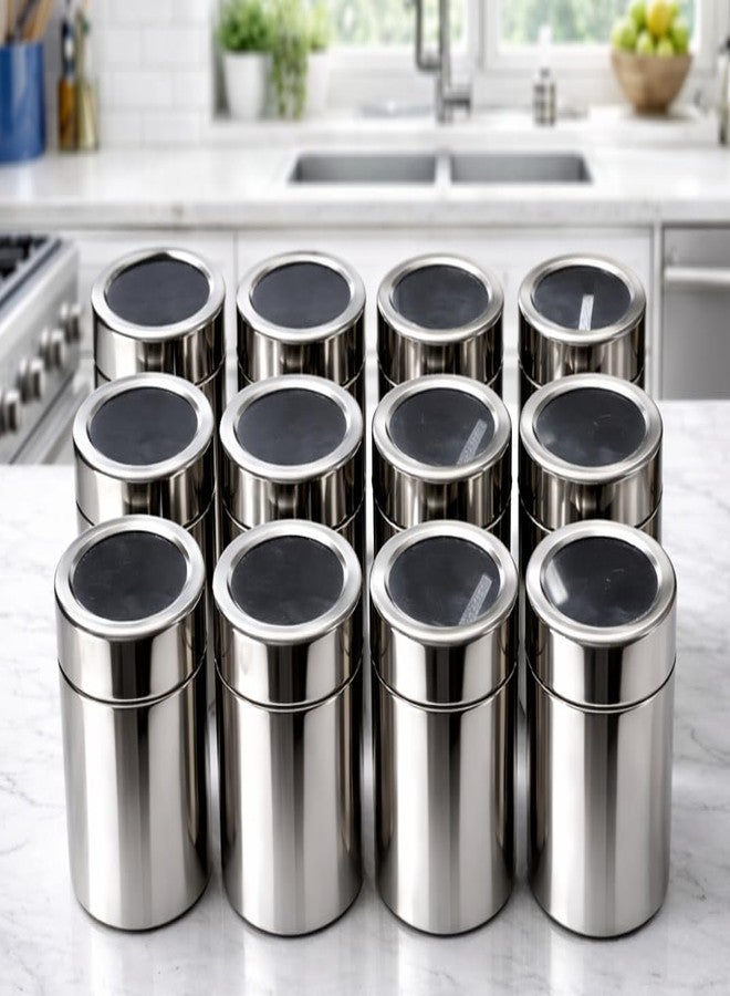 VISAXMI Stainless Steel Containers Set of 12 With 12 Spoon | Masala Container Steel | Kitchen Storage set | Small jars with Transparent Lid | Spice Containers for Kitchen (175 ml each) Silver - Image 1