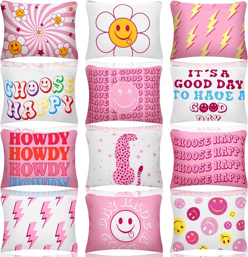Kajaia 12 Pcs Preppy Makeup Bag with Zipper Pink Preppy Gift Cute Smile Face Cosmetic Bag Portable Travel Toiletry Accessories for Women - Image 1