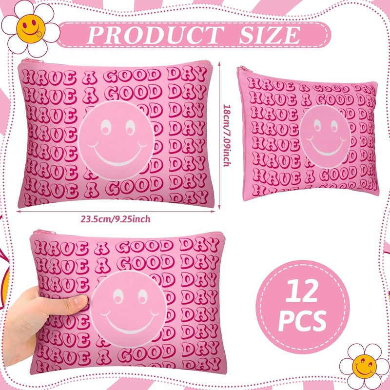 Kajaia 12 Pcs Preppy Makeup Bag with Zipper Pink Preppy Gift Cute Smile Face Cosmetic Bag Portable Travel Toiletry Accessories for Women - Image 2