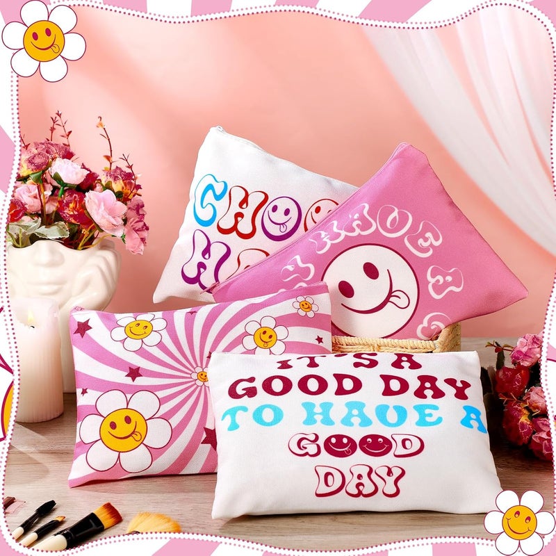 Kajaia 12 Pcs Preppy Makeup Bag with Zipper Pink Preppy Gift Cute Smile Face Cosmetic Bag Portable Travel Toiletry Accessories for Women - Image 3