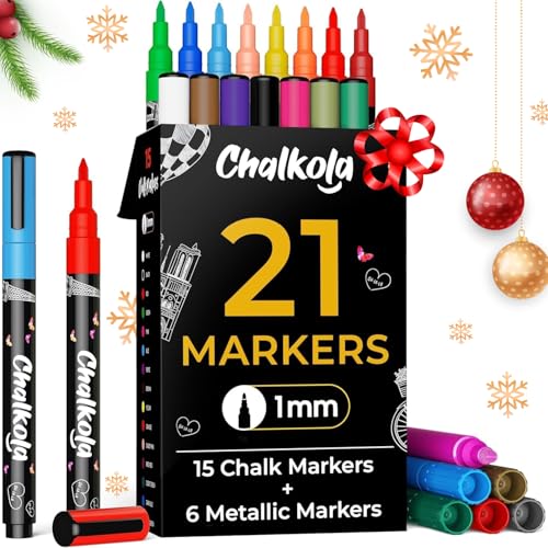 Chalkola علامات طباشير Chalkola ذات الطرف الرفيع جداً للسبورة الزجاجية (عبوة من 21، طرف 1 مم) | أقلام طباشير سائلة قابلة للغسل للسبورة البيضاء، نوافذ السيارات، تقويم أكريليك | علامات طباشير رفيعة قابلة للمسح - Image 1