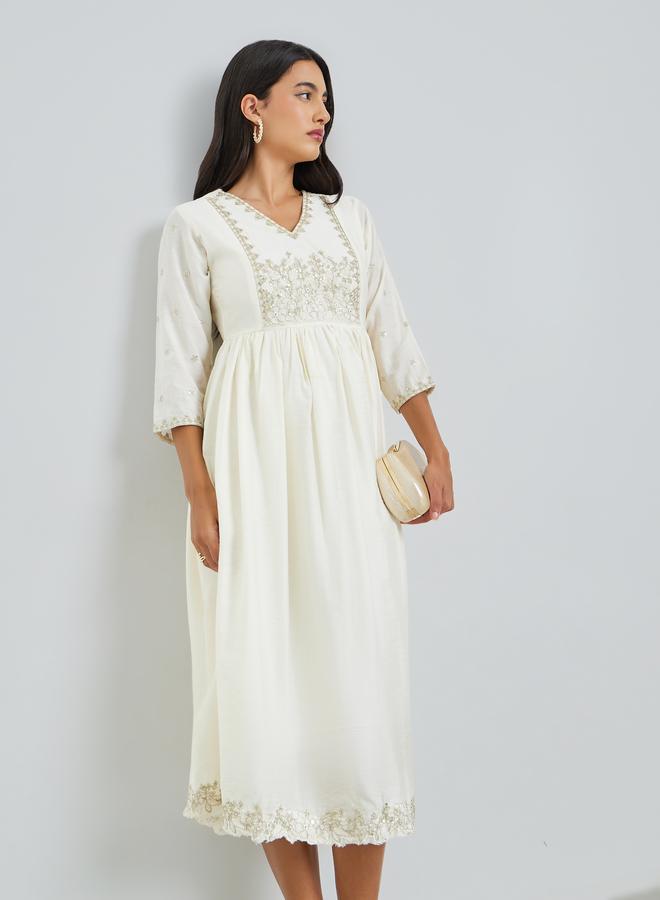 Cream Embroidery A-Line Midi Dress with 3/4th Sleeves