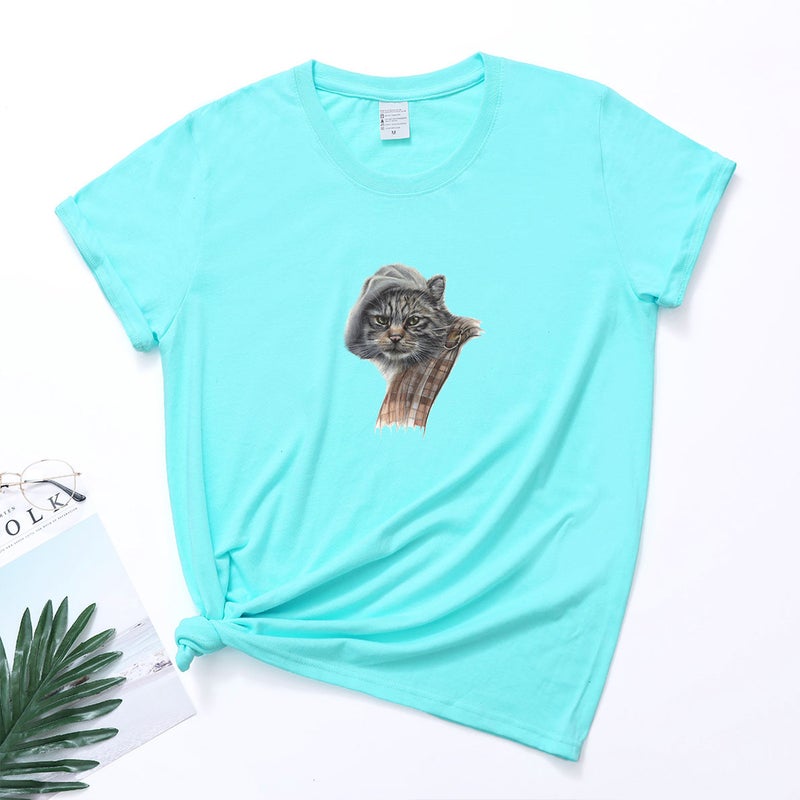 temu new forces supply spot cat head retro round neck T-shirt - Image 1