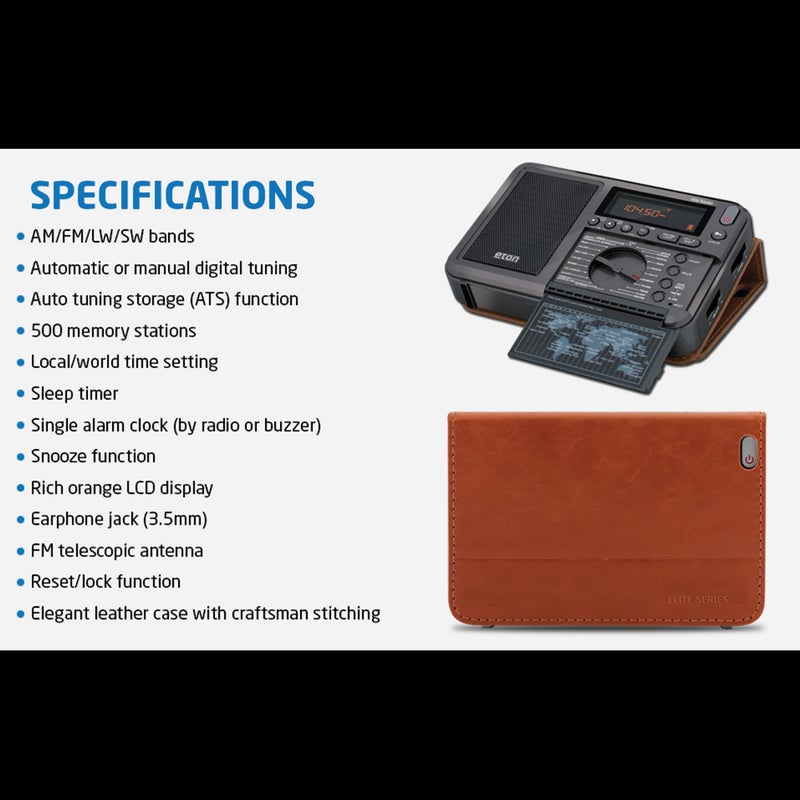 Eton Elite Traveler AM/FM, Longwave, Shortwave Radio with RDS, World Clock, 500 Stations, Dial Tuning, Alarm, Sleep Timer, Leather Case, Portable International Radio with High-Contrast LCD - Image 5