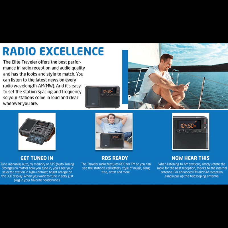 Eton Elite Traveler AM/FM, Longwave, Shortwave Radio with RDS, World Clock, 500 Stations, Dial Tuning, Alarm, Sleep Timer, Leather Case, Portable International Radio with High-Contrast LCD - Image 4
