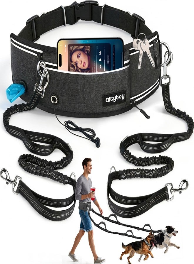 Qltytoy Hands Free Double Dog Leash for Two Dogs,240LB Heavy Duty Retractable with Partitioned Pouch Adjustable Waist for Walking Running Jogging Hiking Biking Training for Medium/Large(Not for＜25LBS) - Image 1