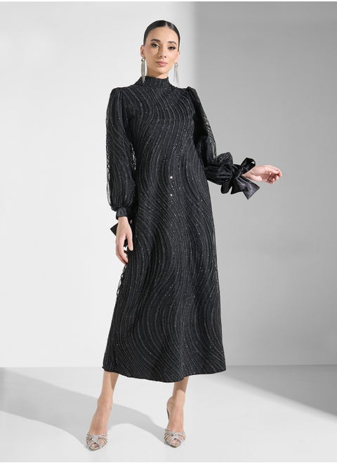 Shimmer Dress With Puff Sleeve