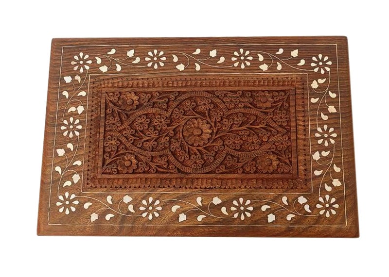 CRAFTCASTLE Handmade Sheesham Wooden Storage Box | Hand Carved Jewelry Box with Velvet Lining | Decorative Gift Box for Home & Office | 12 x 8 x 3.5 Inches (Floral Inlay Border Design) - Image 5