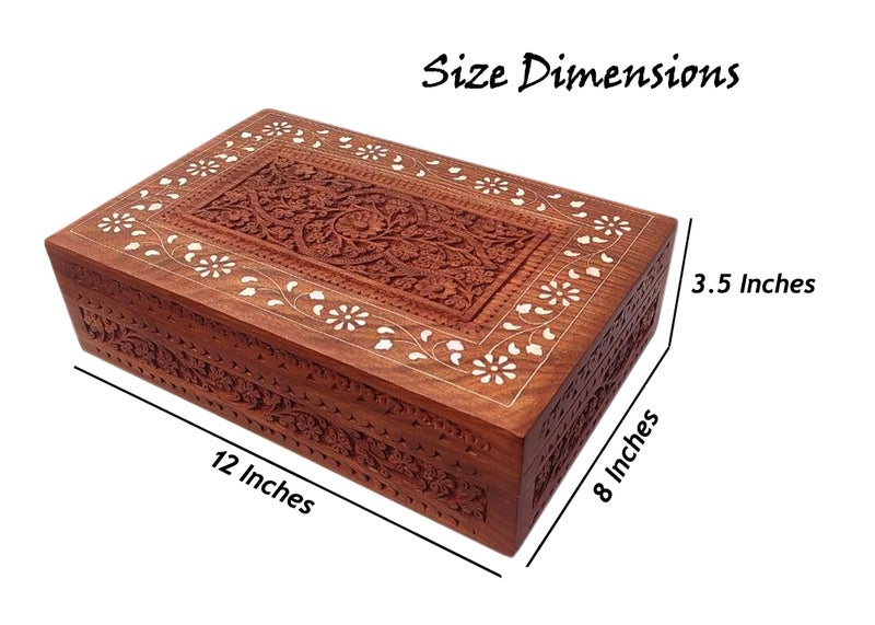 CRAFTCASTLE Handmade Sheesham Wooden Storage Box | Hand Carved Jewelry Box with Velvet Lining | Decorative Gift Box for Home & Office | 12 x 8 x 3.5 Inches (Floral Inlay Border Design) - Image 3