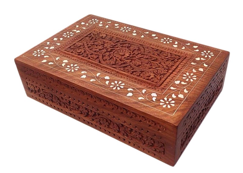 CRAFTCASTLE Handmade Sheesham Wooden Storage Box | Hand Carved Jewelry Box with Velvet Lining | Decorative Gift Box for Home & Office | 12 x 8 x 3.5 Inches (Floral Inlay Border Design) - Image 1