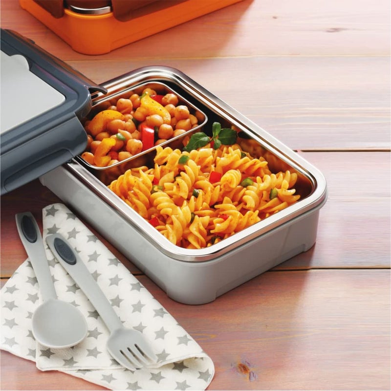 DUBBLIN Buffet Stainless Steel Lunch Box Insulated Airtight Spill Proof with Spoon, Fork & Mini sabzi Container Inside, 850 ml, Grey - Image 5