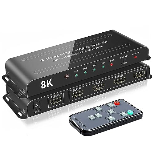 ROOFULL 4 Ports 8K HDMI 2.1 Switch 4 in 1 Out 8K@60Hz 4K@120Hz HDMI Switcher Selector with Remote Support 48Gbps HDR 10+ Dolby Vision/Atmos HDCP 2.3 CEC for PS5 4 Pro Xbox Apple TV Game PC Roku - Image 1
