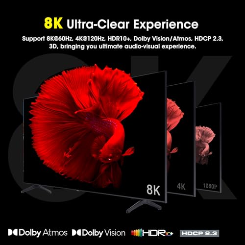 ROOFULL 4 Ports 8K HDMI 2.1 Switch 4 in 1 Out 8K@60Hz 4K@120Hz HDMI Switcher Selector with Remote Support 48Gbps HDR 10+ Dolby Vision/Atmos HDCP 2.3 CEC for PS5 4 Pro Xbox Apple TV Game PC Roku - Image 4