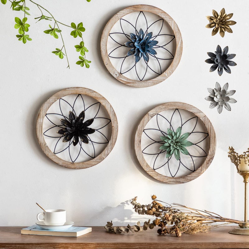 Paquesta 3 Piece Round Farmhouse Wall Decor with 6 Piece Interchangeable Flowers 12'' Medallion Wood & Metal Rustic Wall Art for Living Room Bedroom Kitchen Bathroom Dining Room Home Decorations - Image 1