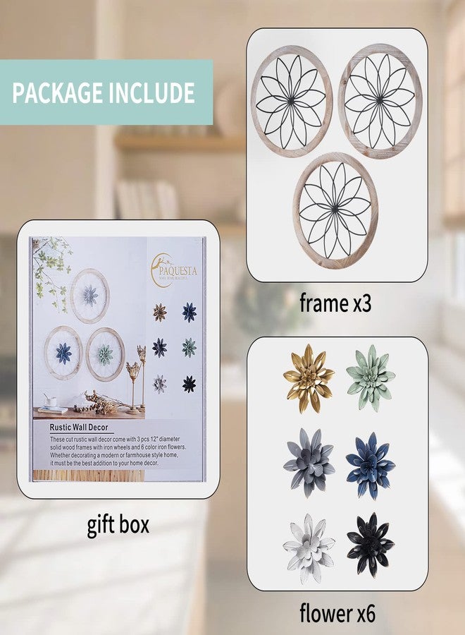 Paquesta 3 Piece Round Farmhouse Wall Decor with 6 Piece Interchangeable Flowers 12'' Medallion Wood & Metal Rustic Wall Art for Living Room Bedroom Kitchen Bathroom Dining Room Home Decorations - Image 3
