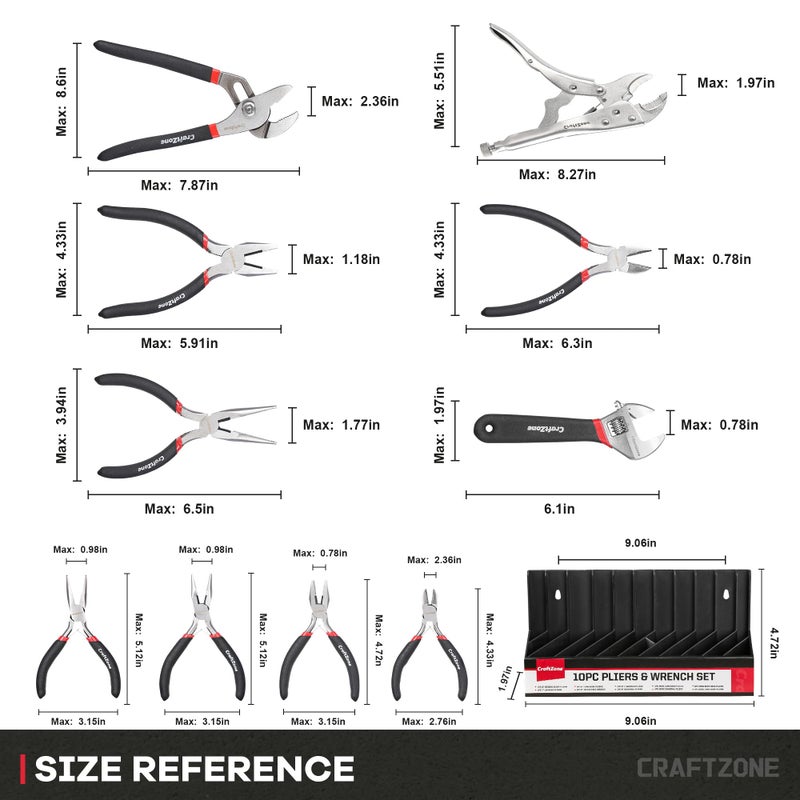 CRAFTZONE 10PC Pliers and Wrench Set with Storage Rack â€“ Includes Locking | Long Nose | Diagonal Cutter | Groove Joint | Linesman & Mini Plier, Carbon Steel Tool Kit for DIY and Home a Gift for Man - Image 2