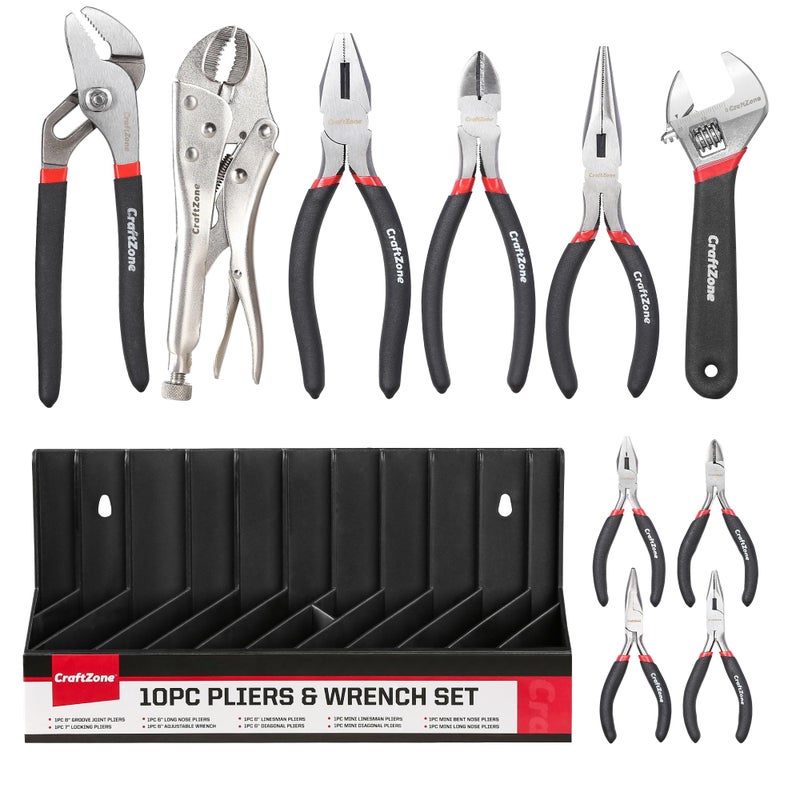 CRAFTZONE 10PC Pliers and Wrench Set with Storage Rack â€“ Includes Locking | Long Nose | Diagonal Cutter | Groove Joint | Linesman & Mini Plier, Carbon Steel Tool Kit for DIY and Home a Gift for Man - Image 1