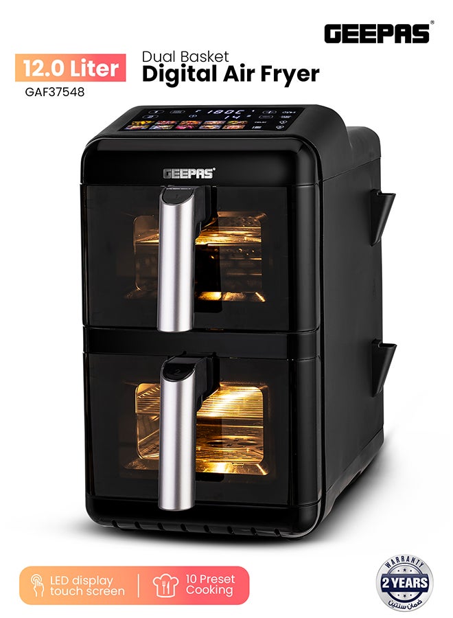 GEEPAS Dual Basket Digital Air Fryer 2800 W | 12 L with 6 liters Baskets, Vortex Air Frying Technology | Vertical Design, 1-60 Min Timer, Temperature 40-200 Degree Celsius | Independent Heating Elements, for Vegetables, Grill Fish, Roast Chicken, Bake Muffins, etc.| 2 Years Warranty GAF37548 Black 12 L 2800 W GAF37548 black - Image 1