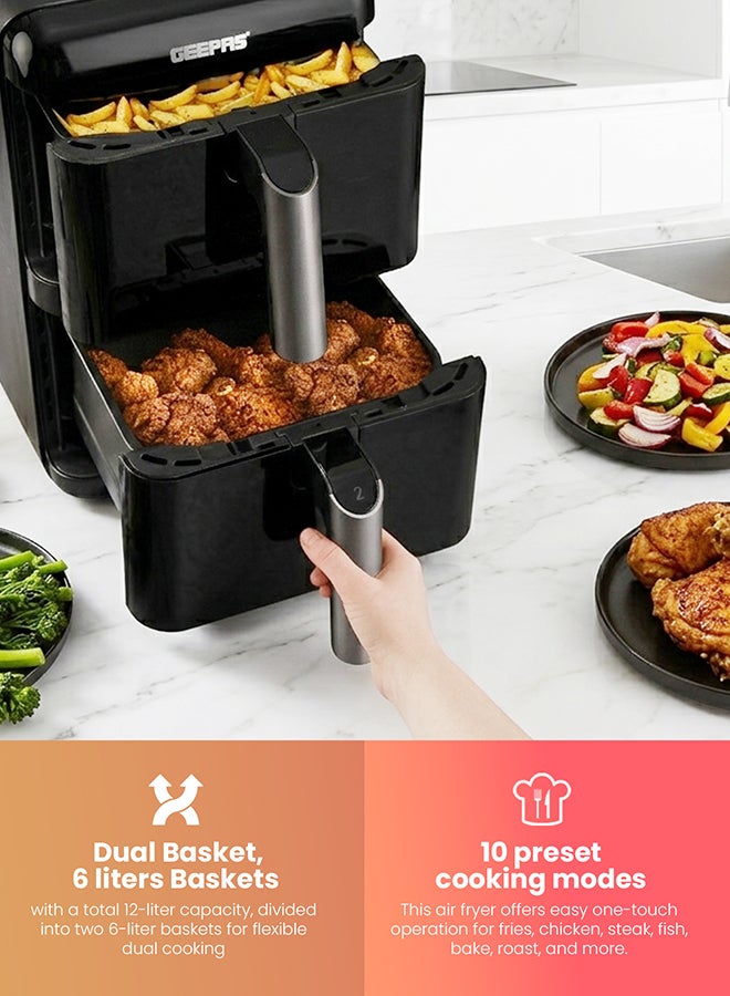 GEEPAS Dual Basket Digital Air Fryer 2800 W | 12 L with 6 liters Baskets, Vortex Air Frying Technology | Vertical Design, 1-60 Min Timer, Temperature 40-200 Degree Celsius | Independent Heating Elements, for Vegetables, Grill Fish, Roast Chicken, Bake Muffins, etc.| 2 Years Warranty GAF37548 Black 12 L 2800 W GAF37548 black - Image 2