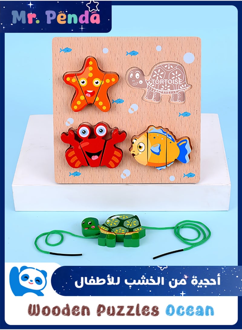 Mr. Penda Wooden Puzzle for Kids, Wooden Building Blocks Learning for Kids Ages 1-5, Educational Gift Three-Dimensional Puzzle Board for Boys Girls with for Hand-Eye Coordination (Ocean) - Image 1