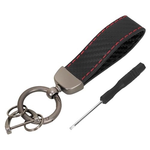 JVCV® Microfiber Leather Car Keychain, Universal Key Fob Keychain Carbon Fiber Pattern Leather Key Chain Holder for Men and Women (Black Buckle-Red Stiches). - Image 1