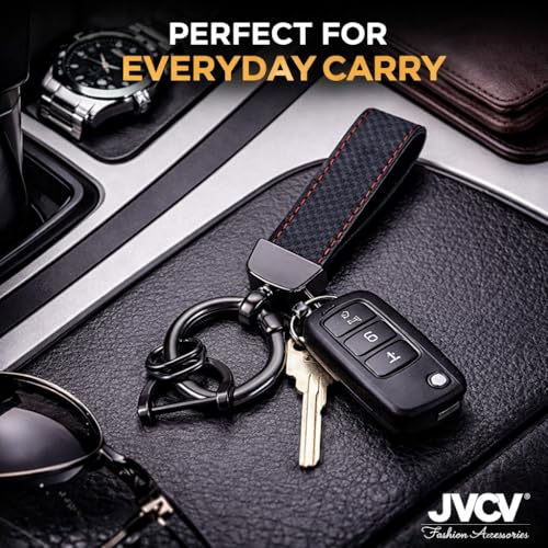 JVCV® Microfiber Leather Car Keychain, Universal Key Fob Keychain Carbon Fiber Pattern Leather Key Chain Holder for Men and Women (Black Buckle-Red Stiches). - Image 4