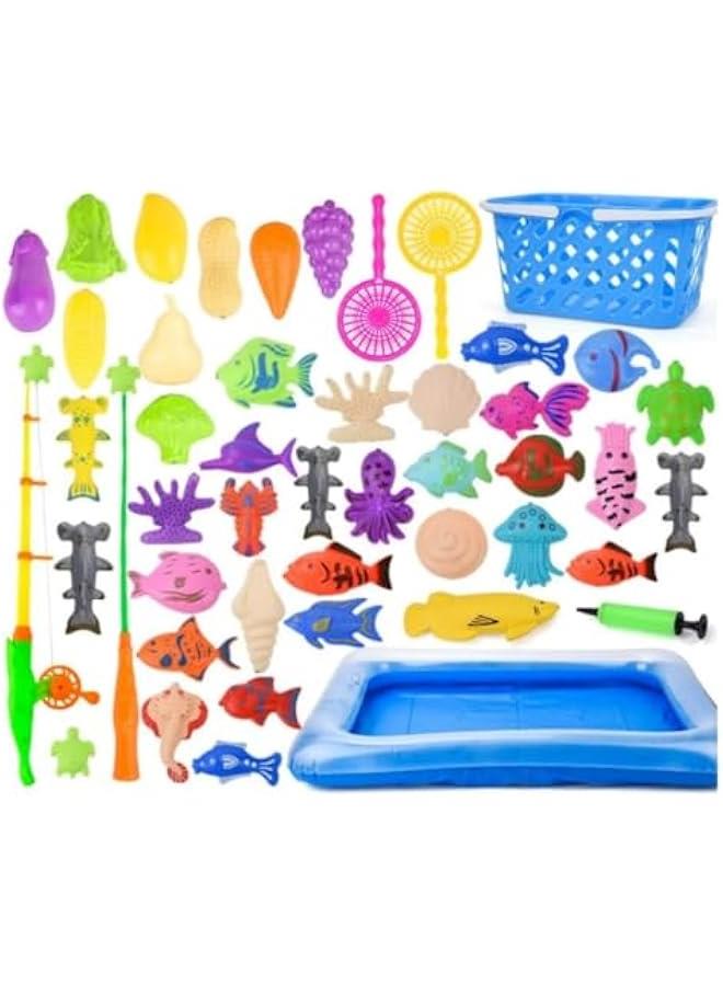 Kids Pool Fishing Toys Games - Magnetic Floating Toy Magnet Pole Rod Fish Net Water Table Bathtub Bath Game - Learning Education For age 3 4 5 Boys Girls Toddlers Carnival Party Favors - Image 1