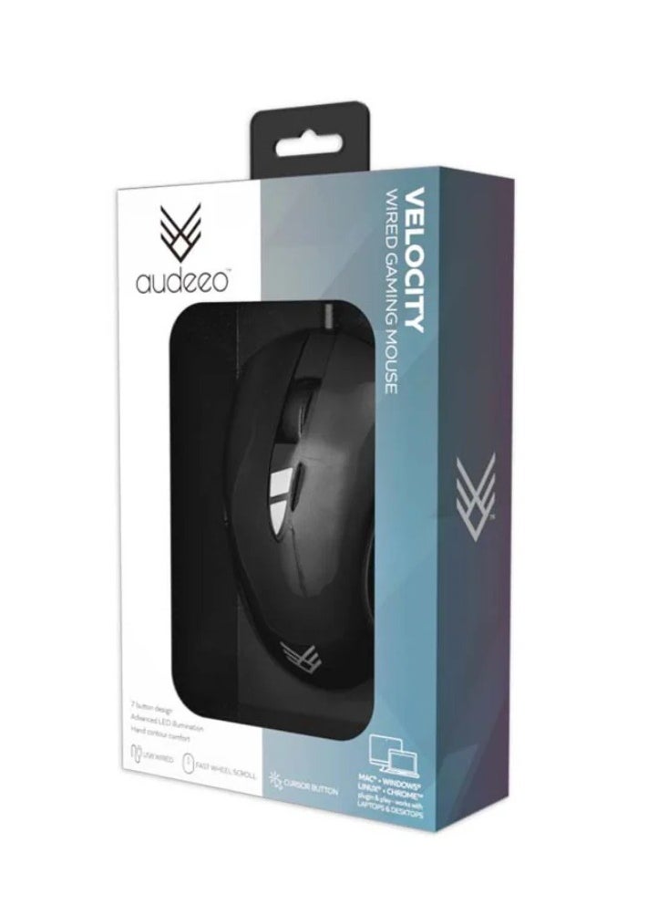Velocity Versatile Wired Gaming Mouse, 3600 DPI, 7 Buttons, Advanced LED Lighting, Fast Scroll Wheel, 4 Levels Cursor Sensitivity Switch, for Laptops and Desktops - Black