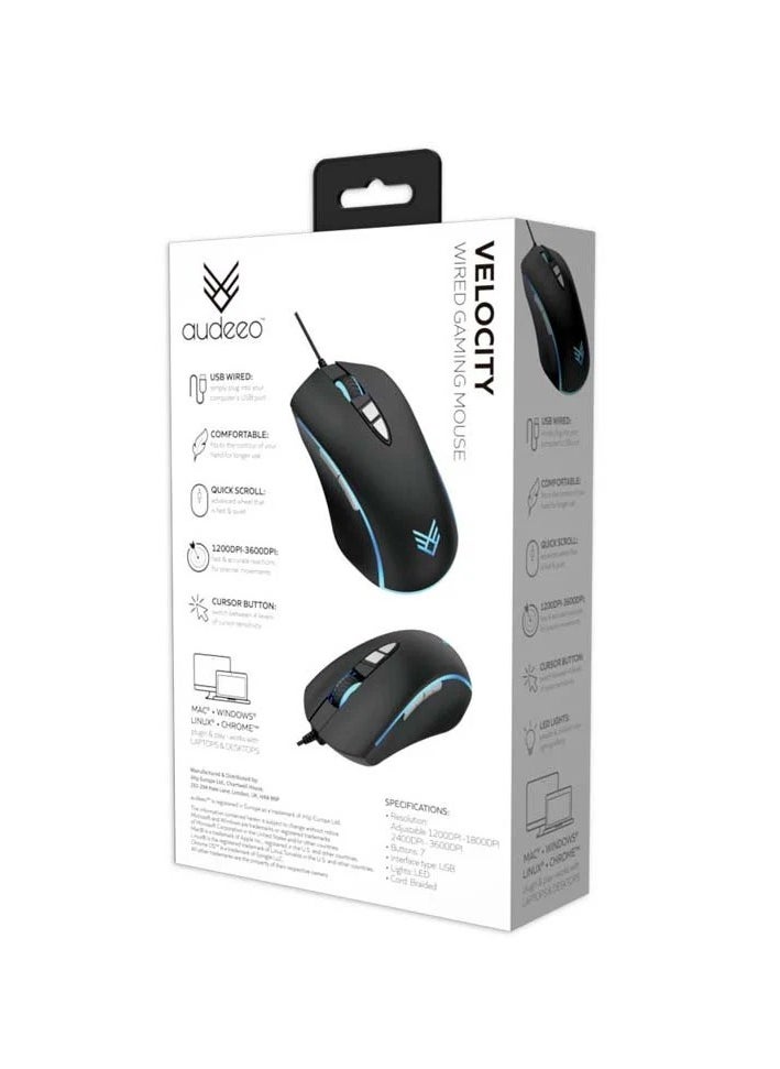 Velocity Versatile Wired Gaming Mouse, 3600 DPI, 7 Buttons, Advanced LED Lighting, Fast Scroll Wheel, 4 Levels Cursor Sensitivity Switch, for Laptops and Desktops - Black