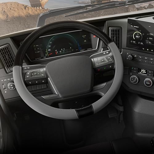 Cat BigDrive Faux GrayBlack Leather Semi Truck Steering Wheel Cover Fits RV and Big Rig Trucker Steering Wheel Cover for Trucks 18 Wheeler XLarge 175 18 Inches - Image 1
