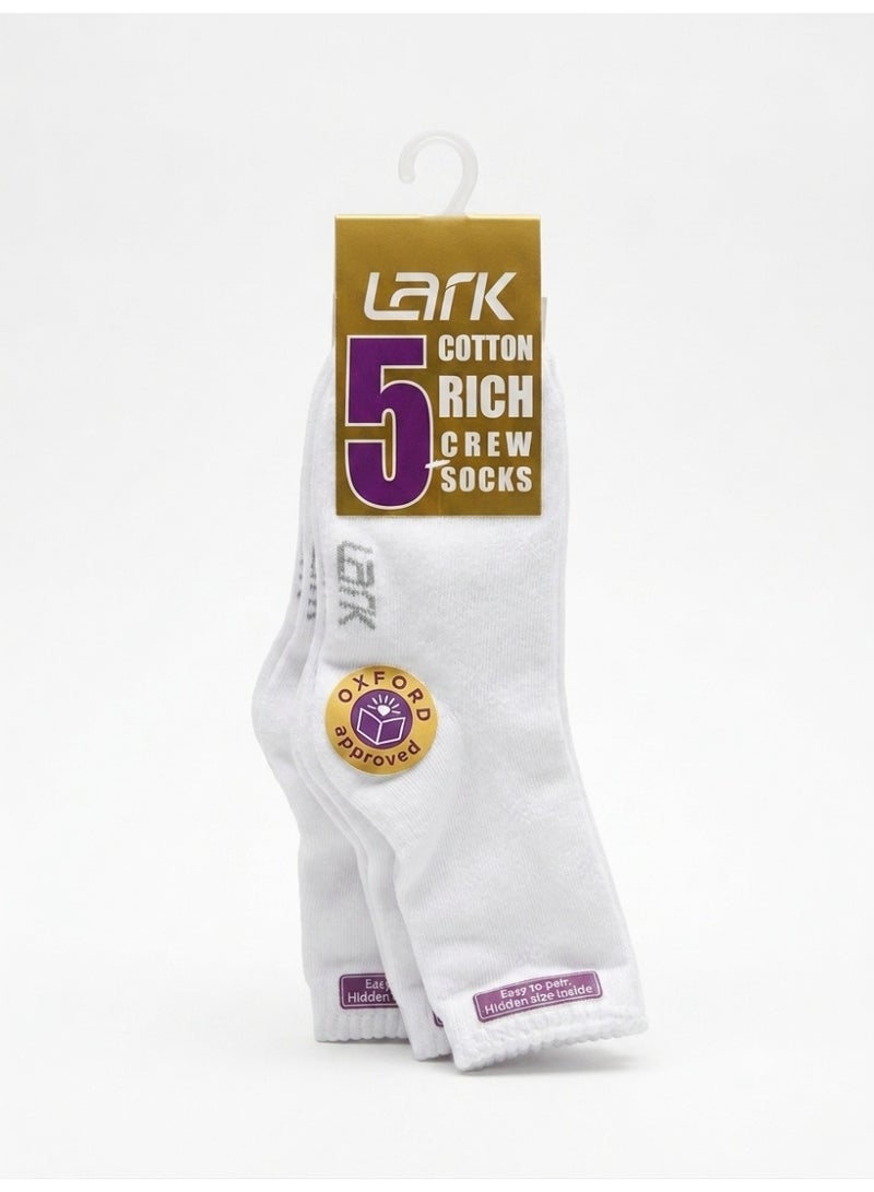 LARK Mens/Womens Cotton Rich Crew Socks, 5 Pack - 11-14 yearsWhite Athletic Everyday Socks with Easy