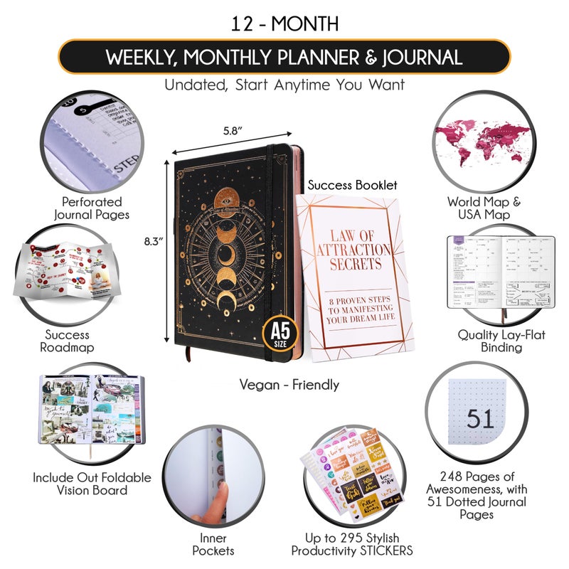 Freedom Mastery Life Planner - Undated Weekly & Monthly Planner, 12-Month Journey to Increase Productivity | Gratitude Journal, Life Organizer & Goal Journal | Include Foldable Vision Board, Habit Tracker & Stickers - Image 2