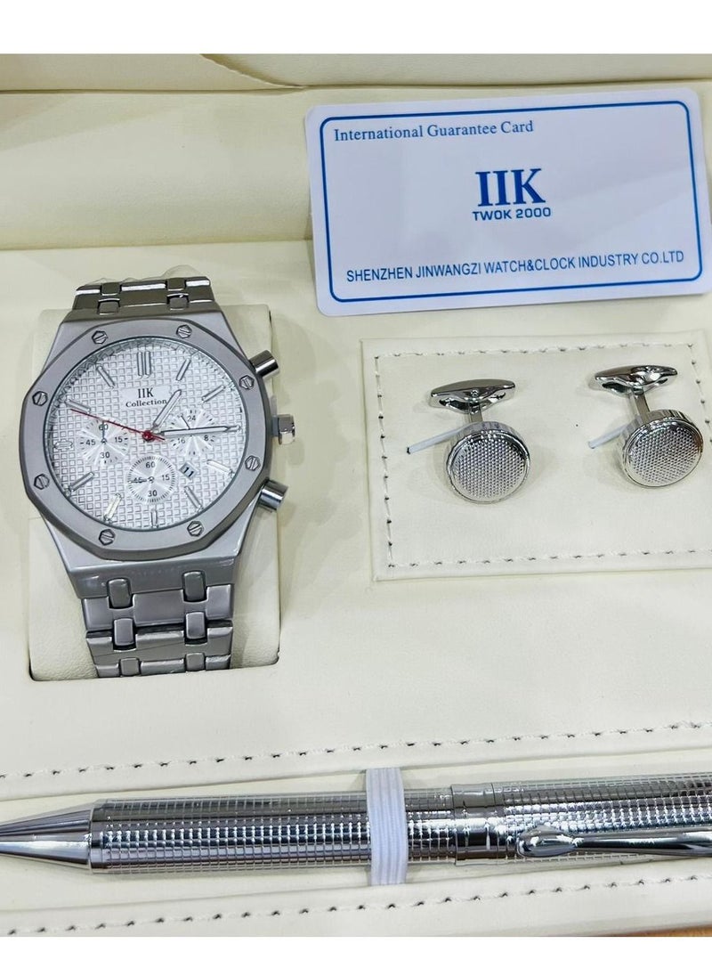 IIK Collection - IIK Collection A high-quality, elegant men's watch gift set, a matte silver bracelet with a white dial - Image 1