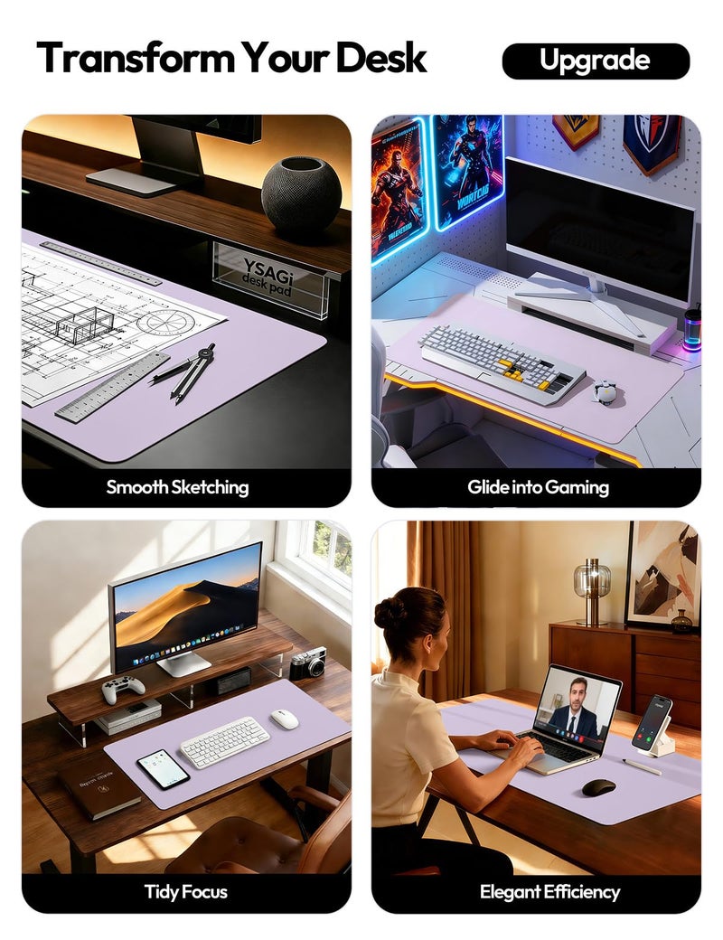 YSAGi Leather Desk Protector, Office Mat, Large Mouse Mat, Non-Slip PU Leather Blotter, Laptop Desk Pad, Waterproof Writing Pad for Office and Home (Light Purple, 31.5" x 15.8") - Image 2