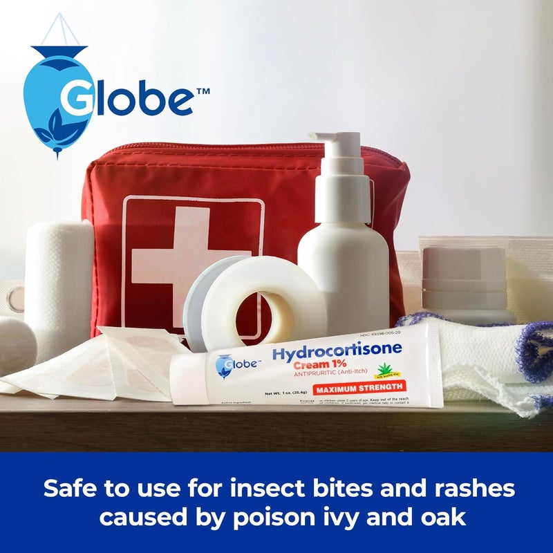 Globe (4 Pack) Hydrocortisone Maximum Strength Anti-Itch Cream 1% w/Aloe, Intensive Formula for Redness, Rash, Bug & Mosquito Bites, Eczema, Hemorrhoids, Sensitive Skin, Instant Itch Relief,1 oz Tube - Image 5