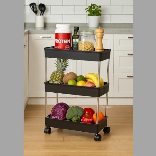 PULSBERY Plastic Multipurpose Storage Organizer Slim Rack Shelf With Wheels For Living Room, Office, Bedroom, Bathroom, Kids Room, Kitchen Trolley (Black, 3 Layer) - Image 1