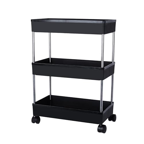 PULSBERY Plastic Multipurpose Storage Organizer Slim Rack Shelf With Wheels For Living Room, Office, Bedroom, Bathroom, Kids Room, Kitchen Trolley (Black, 3 Layer) - Image 4