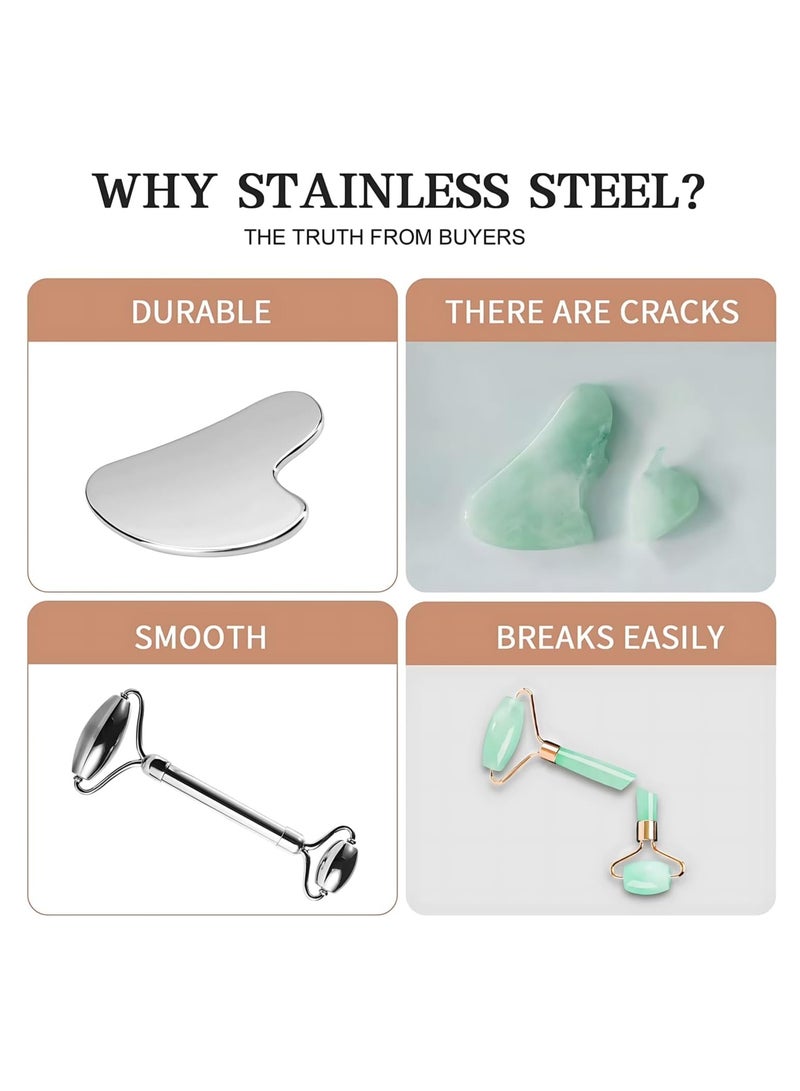 cyleto Stainless Steel Face Roller & Gua Sha Set - Anti-Aging Facial Massage Tools for Skin Tightening, Puffiness Reduction, Neck & Eye Rejuvenation - Hygienic Metal Home Skincare Tools - Image 5